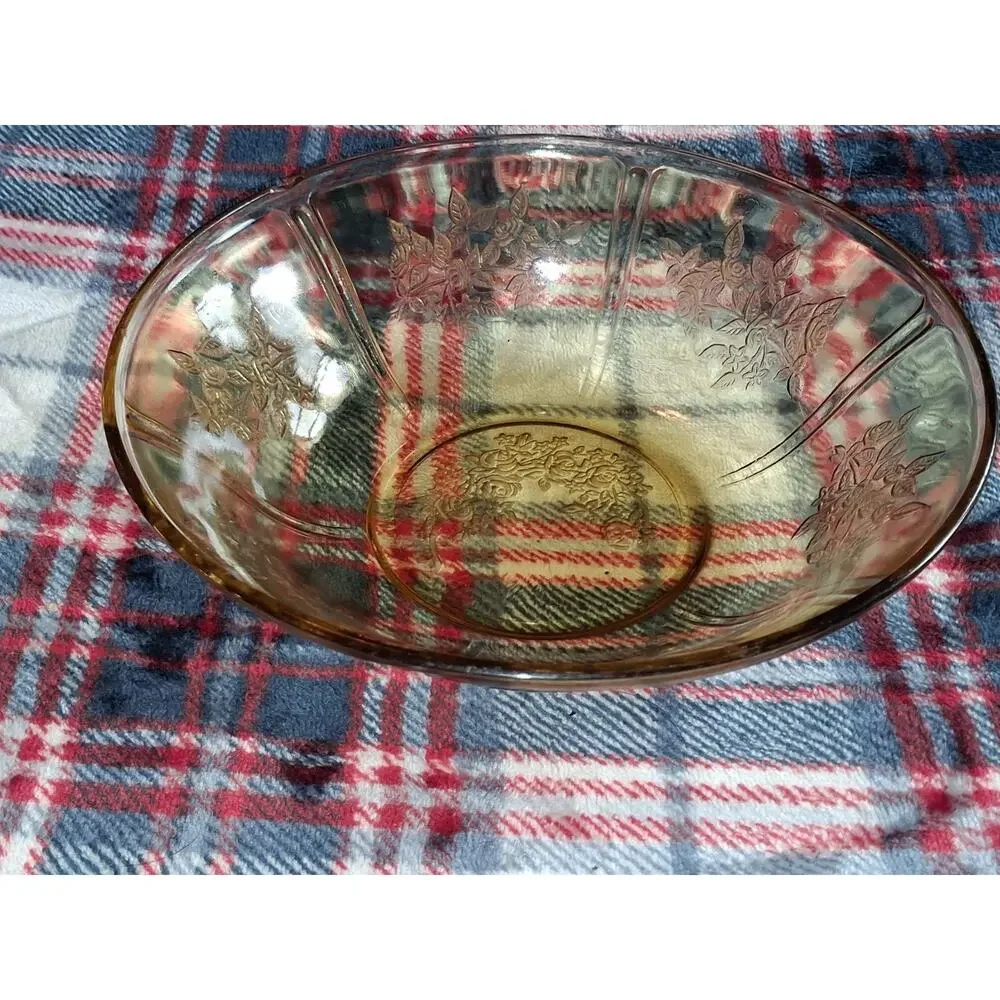 VTG Federal Glass Sharon Cabbage Rose Yellow Amber Salad Serving Bowl 8.5”